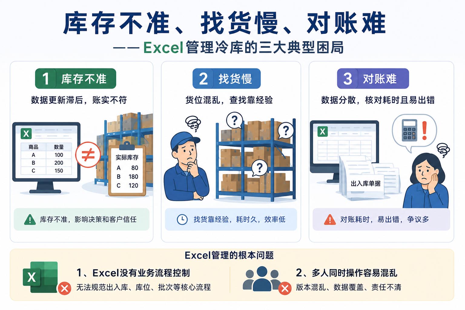 Excel管理冷库常见困局示意图
